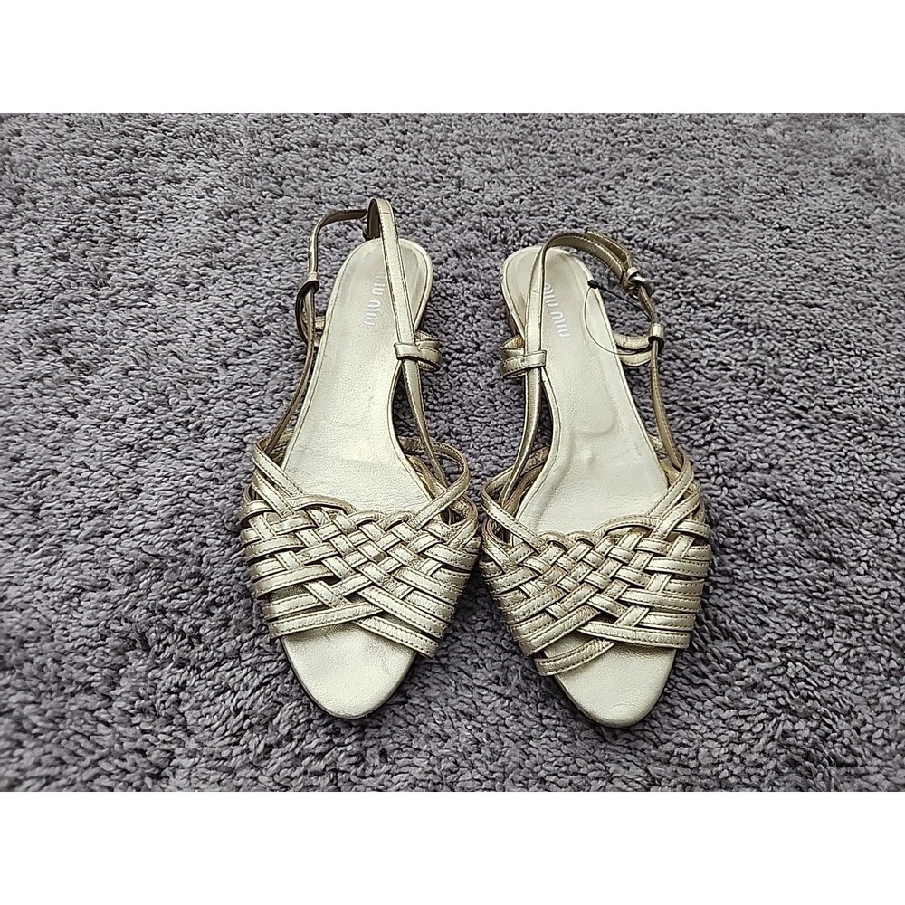 Miu Miu Woven Slingback Sandals Women 39 US 8.5 Gold Metallic Leather Flat Italy